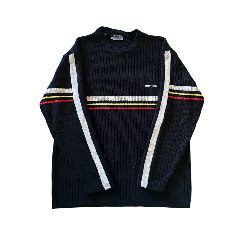 Vintage Iceberg History Made in Italy Y2K Striped Ribbed Sweater Black Size L